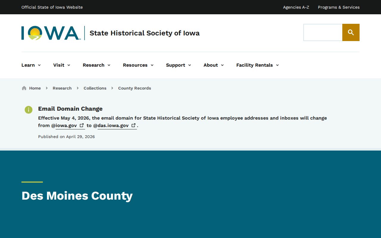 State Historical Society of Iowa Des Moines County records collection page