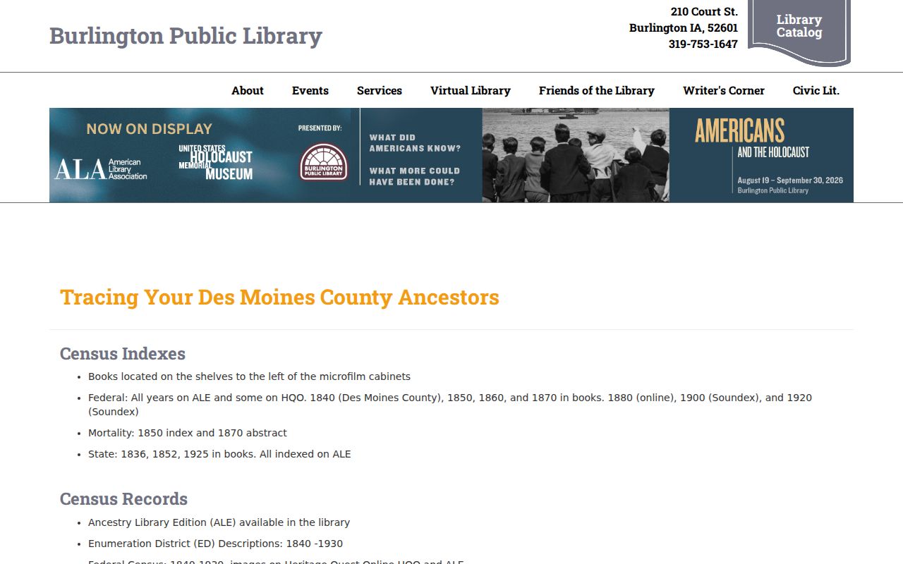 Burlington Public Library ancestor tracing and local history page
