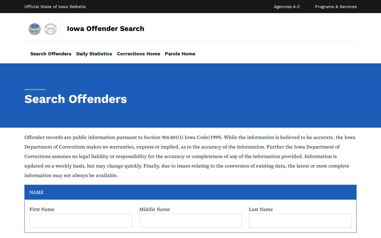 Iowa Department of Corrections offender search fields for name and status