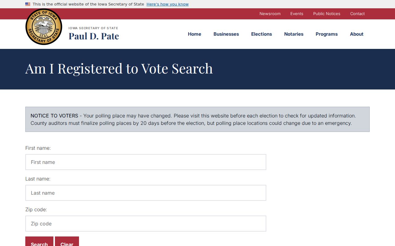 Iowa voter registration lookup form used for a Burlington resident search