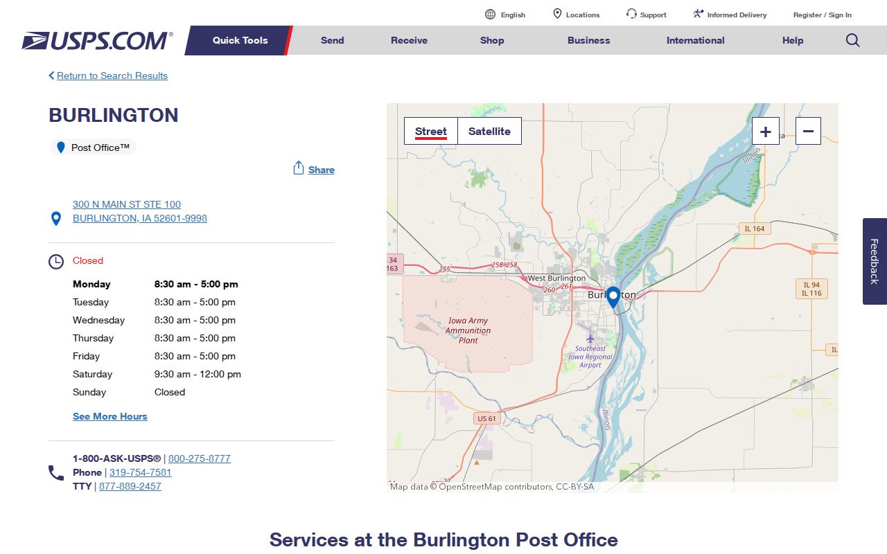 USPS Burlington Post Office listing for ZIP code 52601